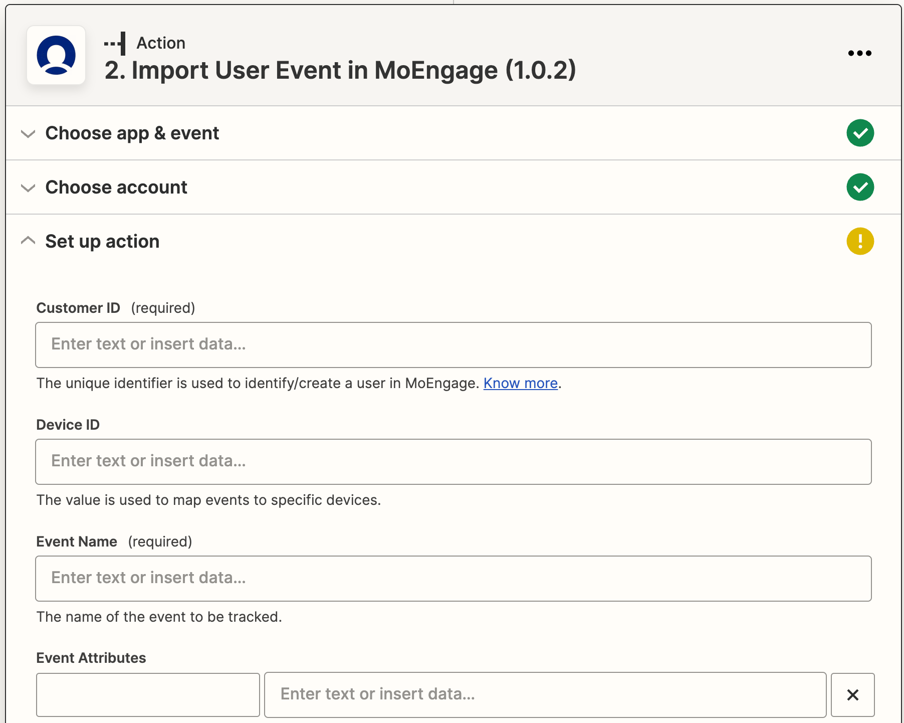 Import User Event action setup with form fields