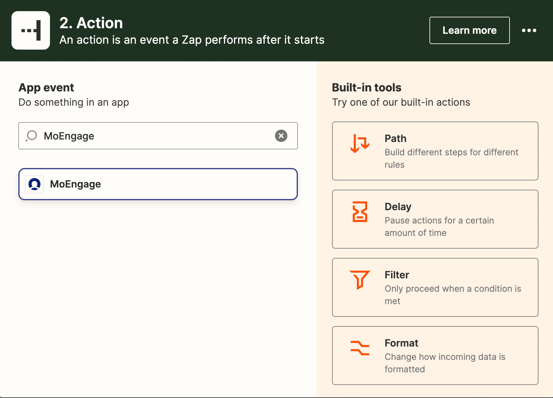 Searching for and selecting MoEngage as the action app