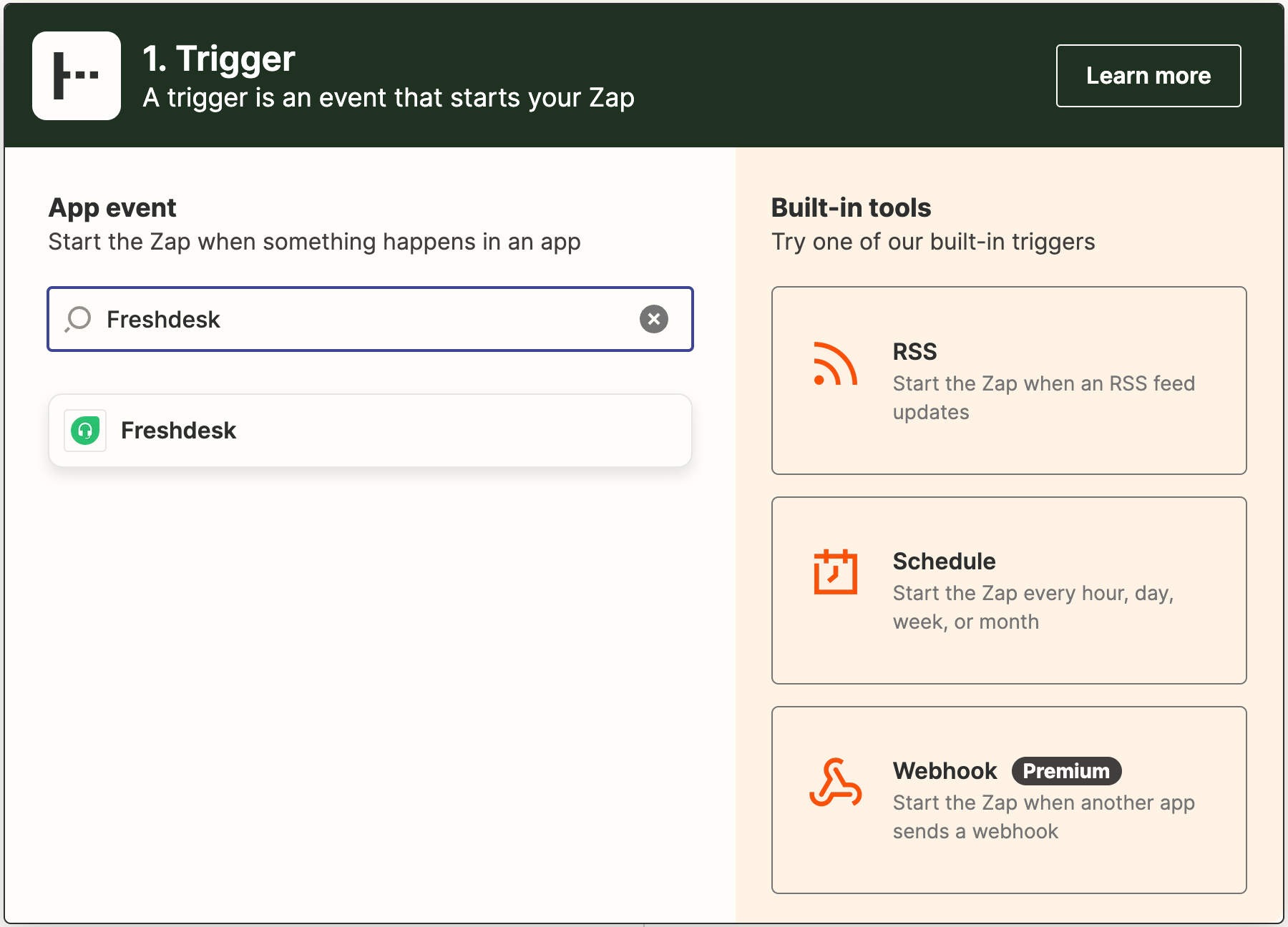 Selecting Freshdesk as the trigger app in Zapier