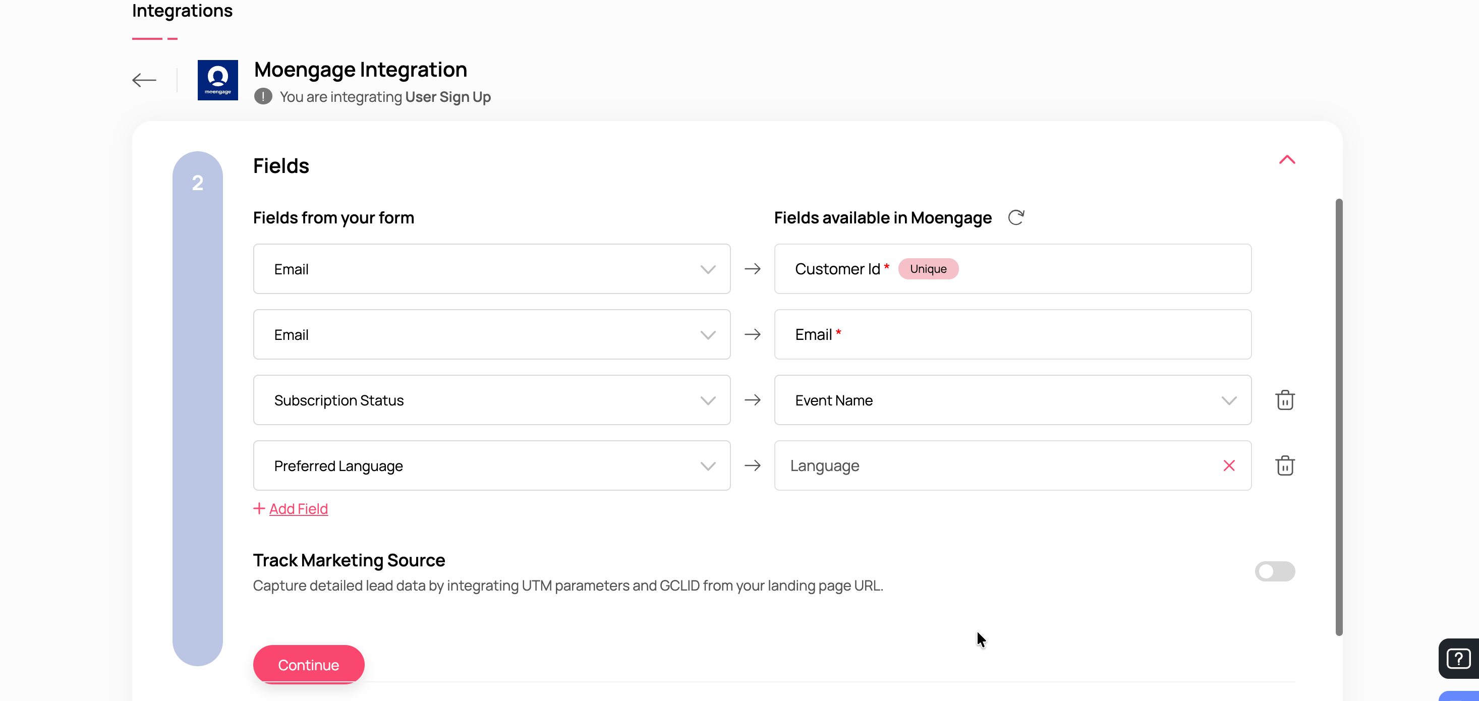 Zoho Landing field mapping confirmation showing mapped MoEngage fields