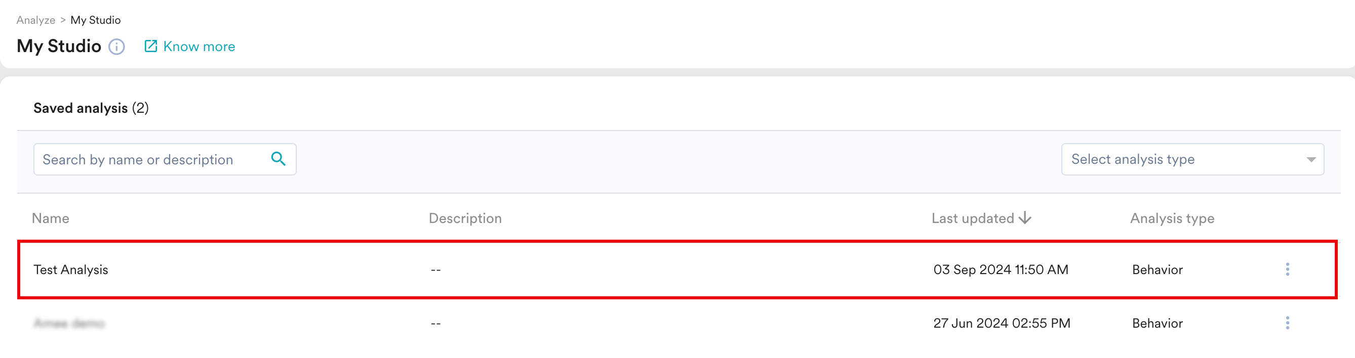 Selecting a saved analysis from the list in My Studio
