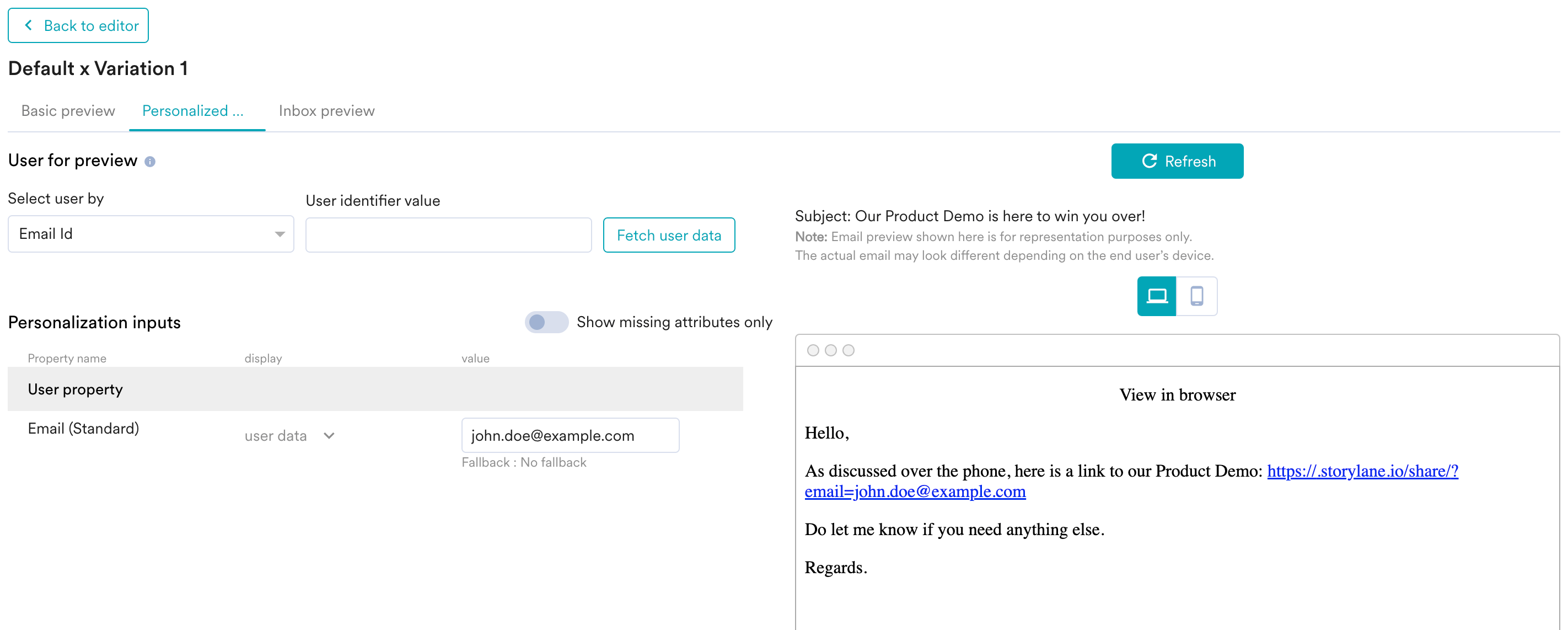 MoEngage email preview showing the personalized Storylane demo link