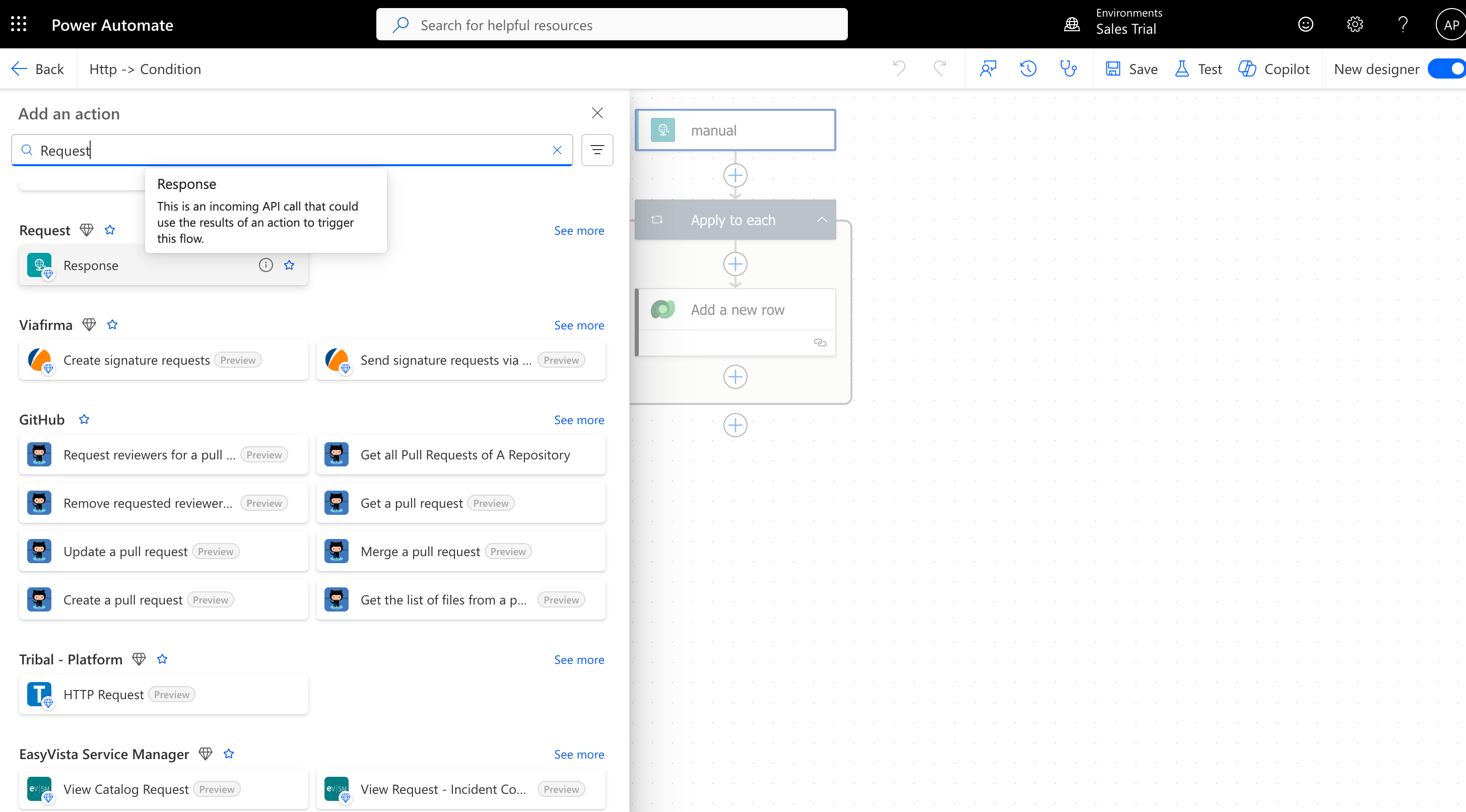 Power Automate trigger selection screen with the HTTP request trigger highlighted