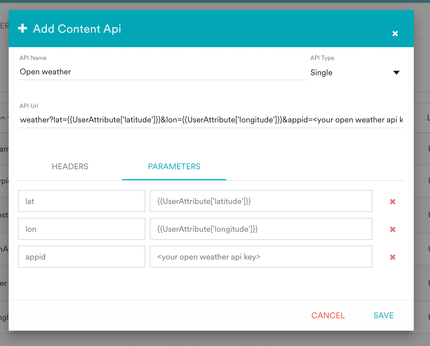 MoEngage parameter editor showing latitude and longitude mapped to user attributes