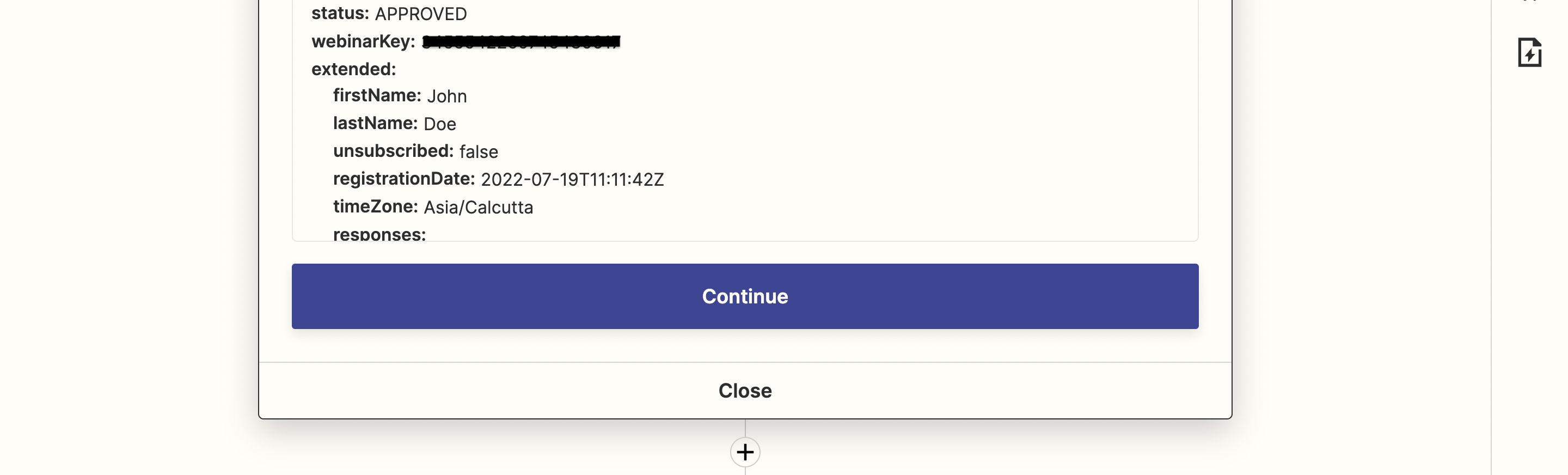 Test trigger result showing pulled registrant data