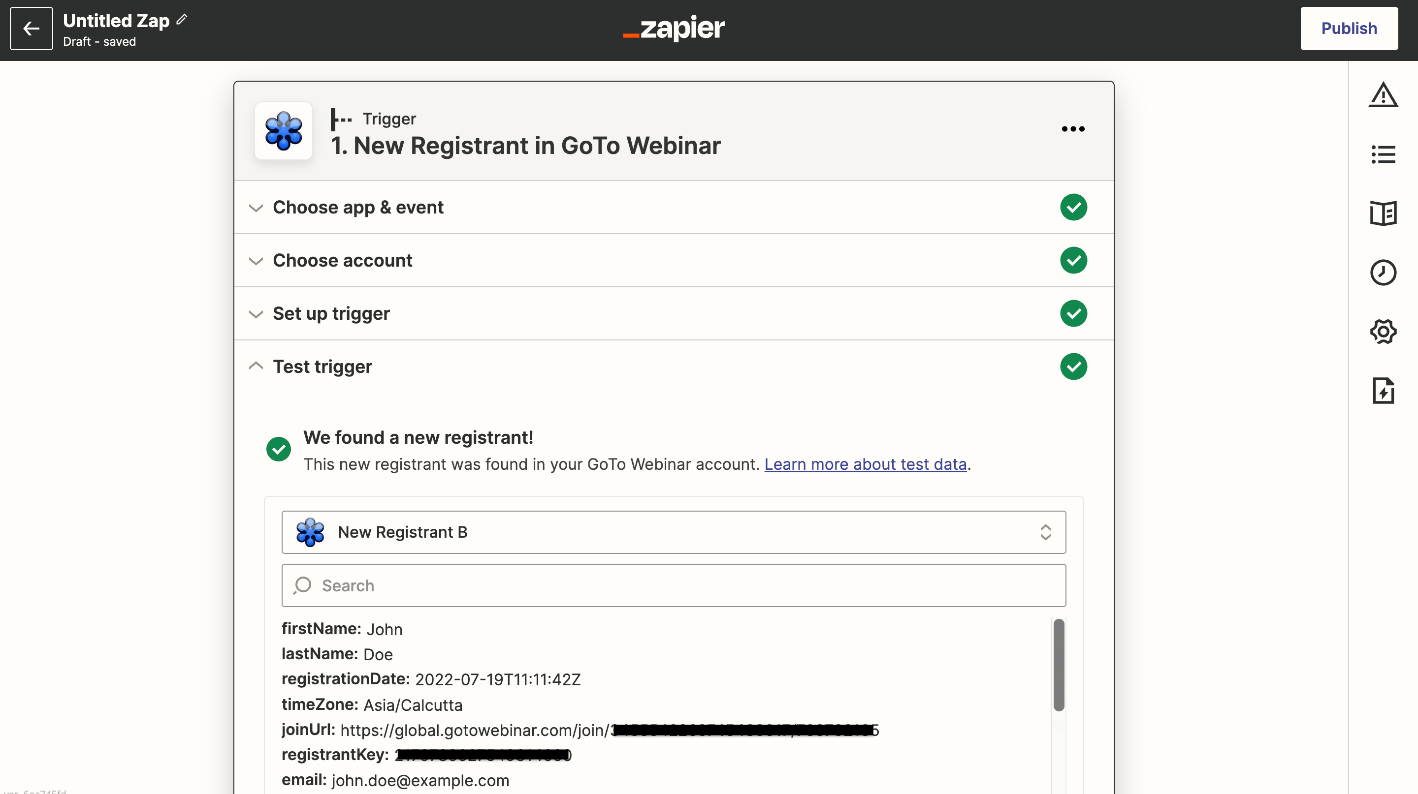 Test trigger setup with GoTo Webinar registrant sample