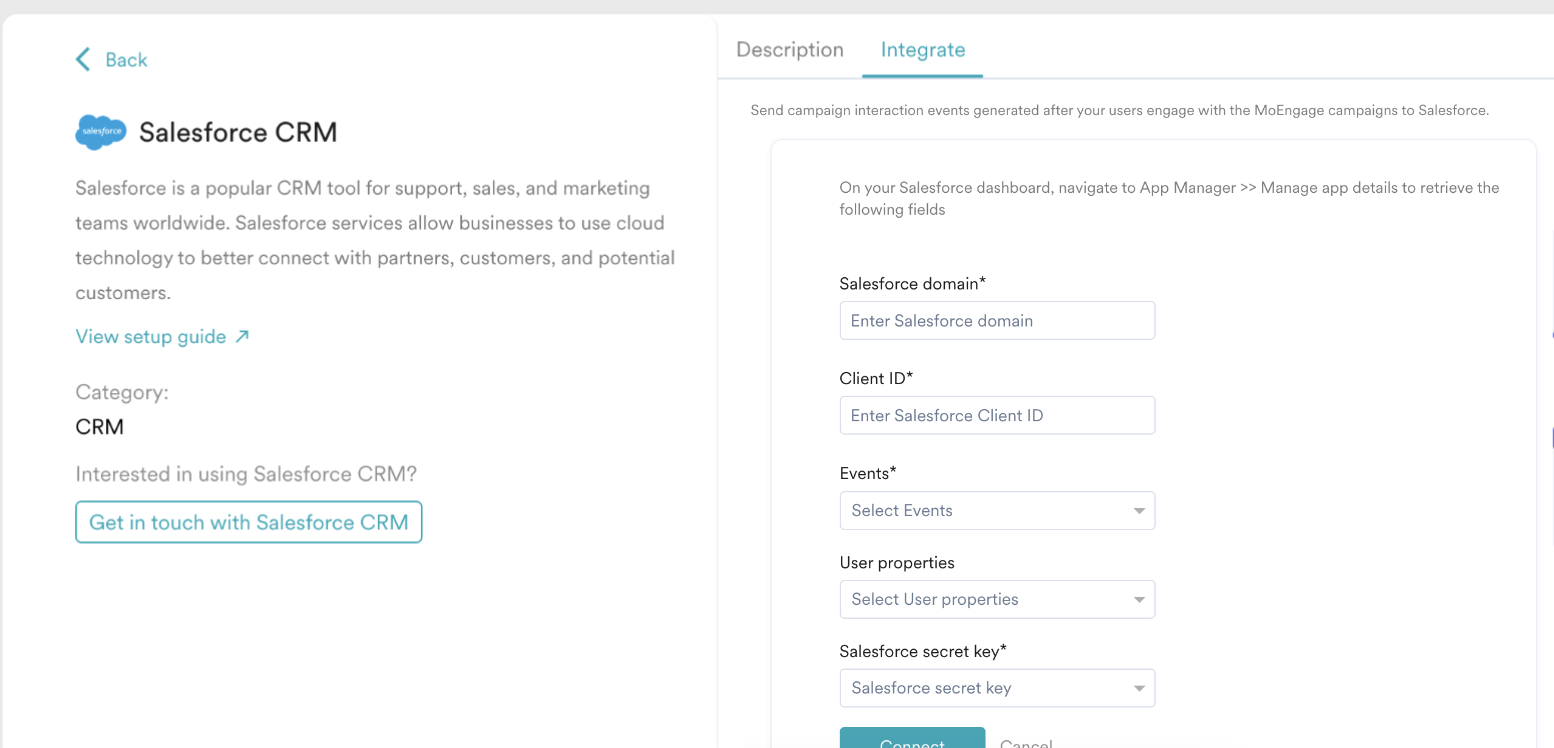MoEngage App Marketplace listing for Salesforce CRM with the Integrate button
