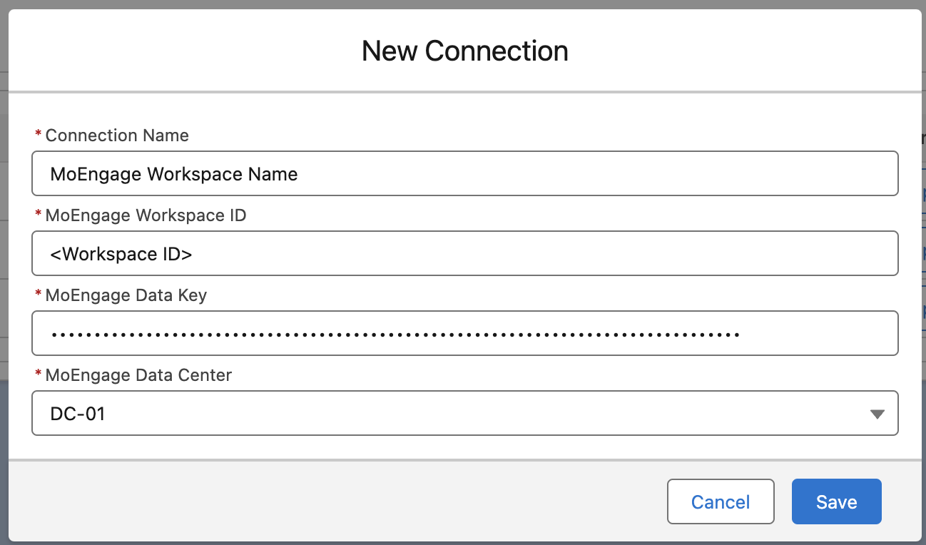 MoEngage Connection form with workspace credentials