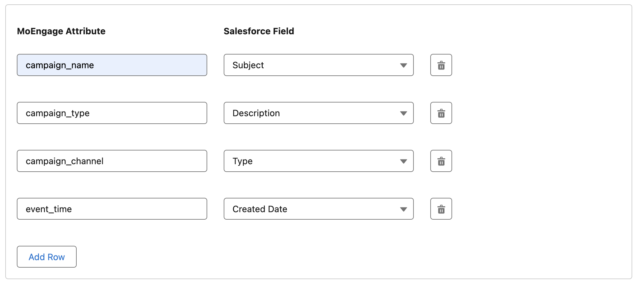 Field mapping table with MoEngage attributes mapped to Salesforce Activity fields