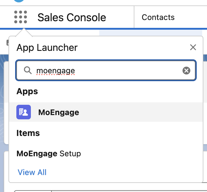 Salesforce App Launcher with the MoEngage App selected