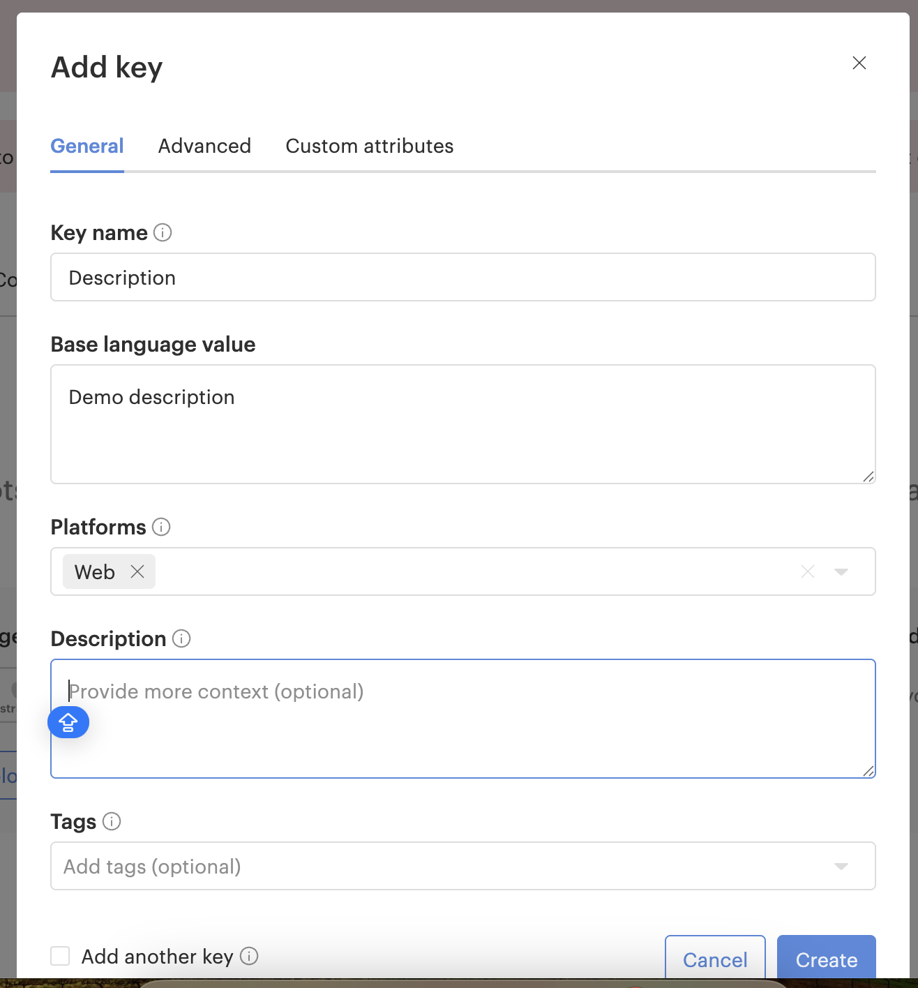 Lokalise Add Key dialog with Key name, Base Language Value, and Web platform selected