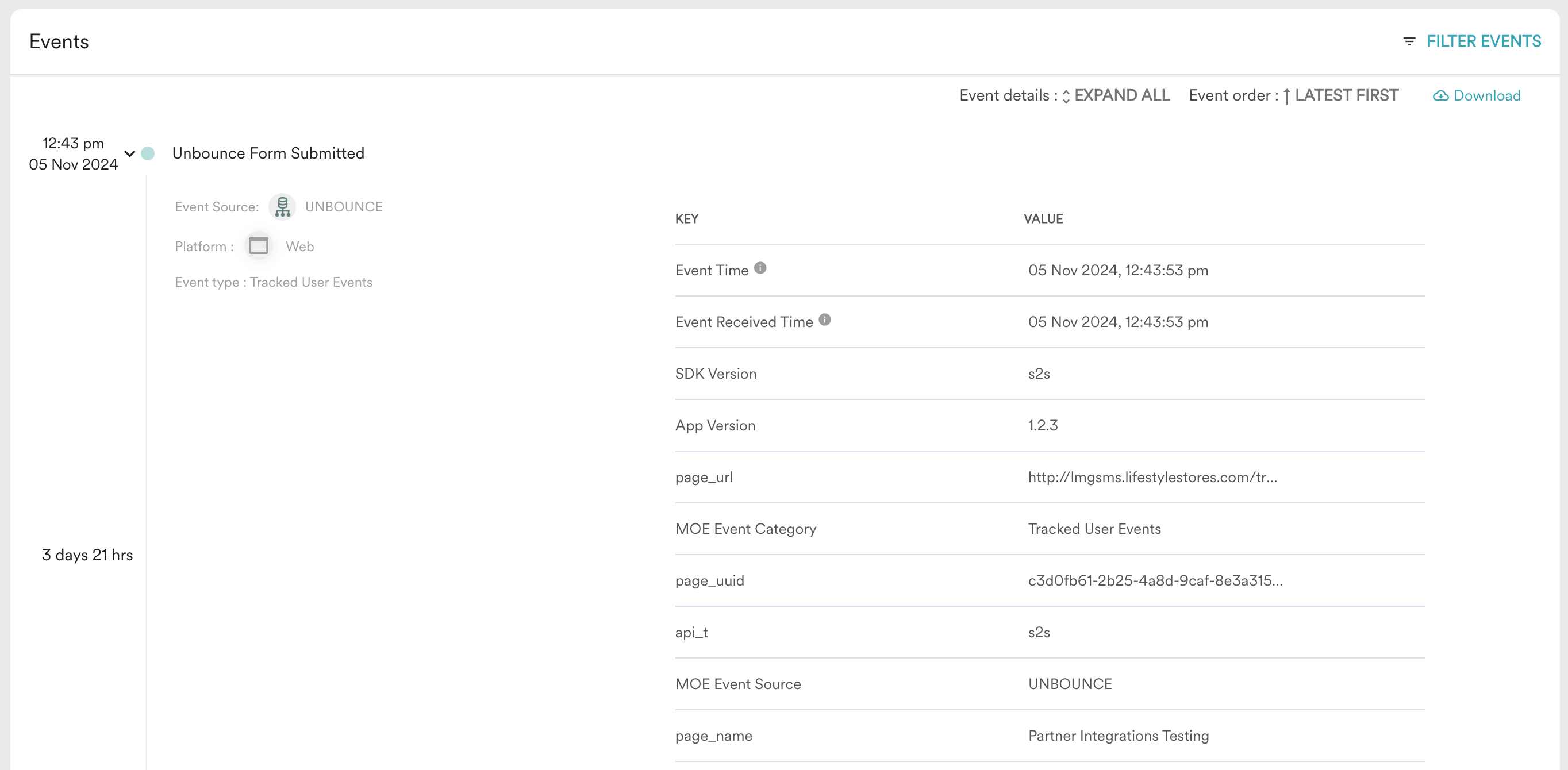 MoEngage user profile showing data captured from an Unbounce form submission