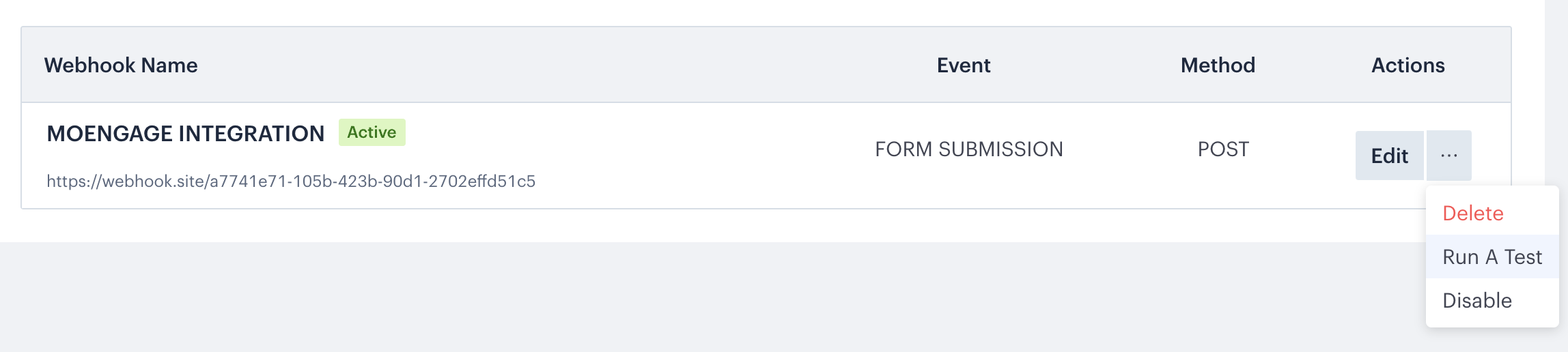 Swipe Pages webhook test screen with the Run a test button highlighted