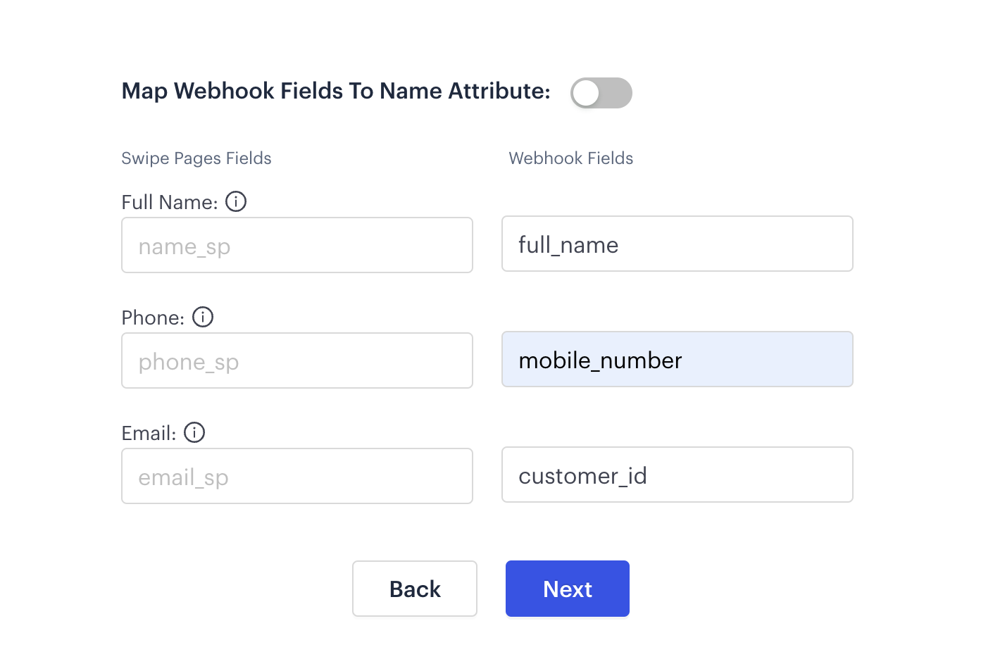 Field mapping screen in Swipe Pages with form fields mapped to MoEngage keys