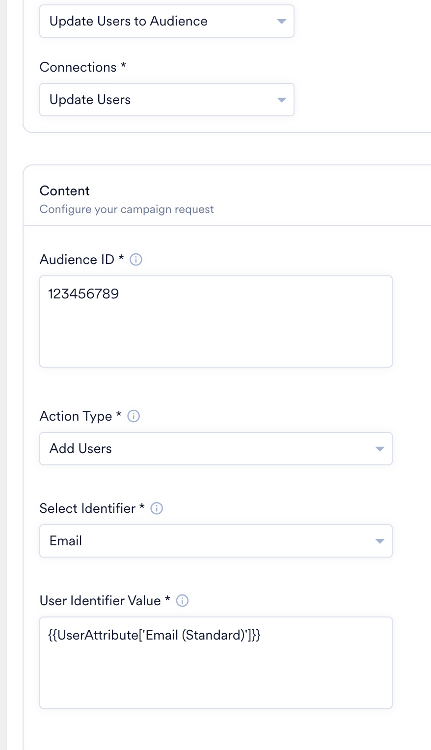 Update Users to Audience connector fields in MoEngage