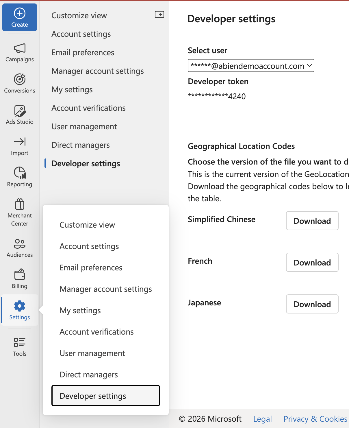 Request a developer token from the Microsoft Advertising developer settings page