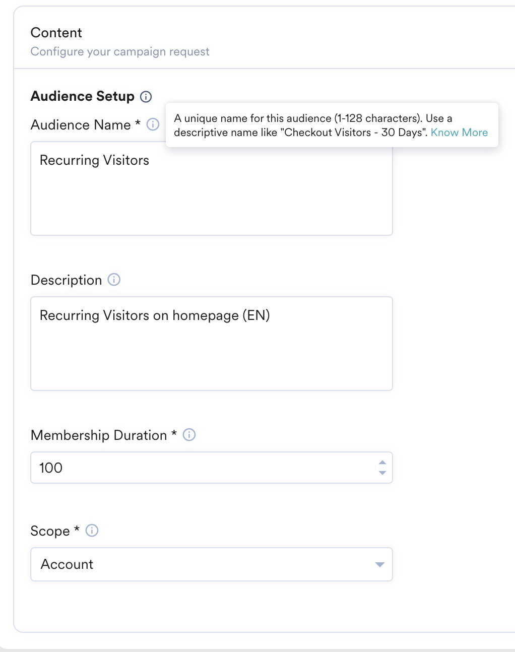 Create Audience connector fields in MoEngage