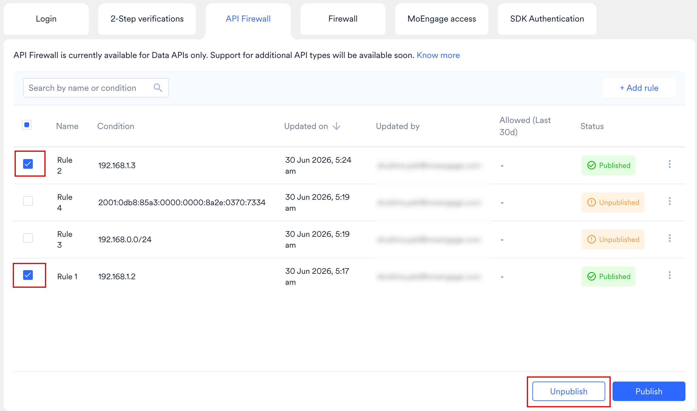 Unpublish API Firewall Rules