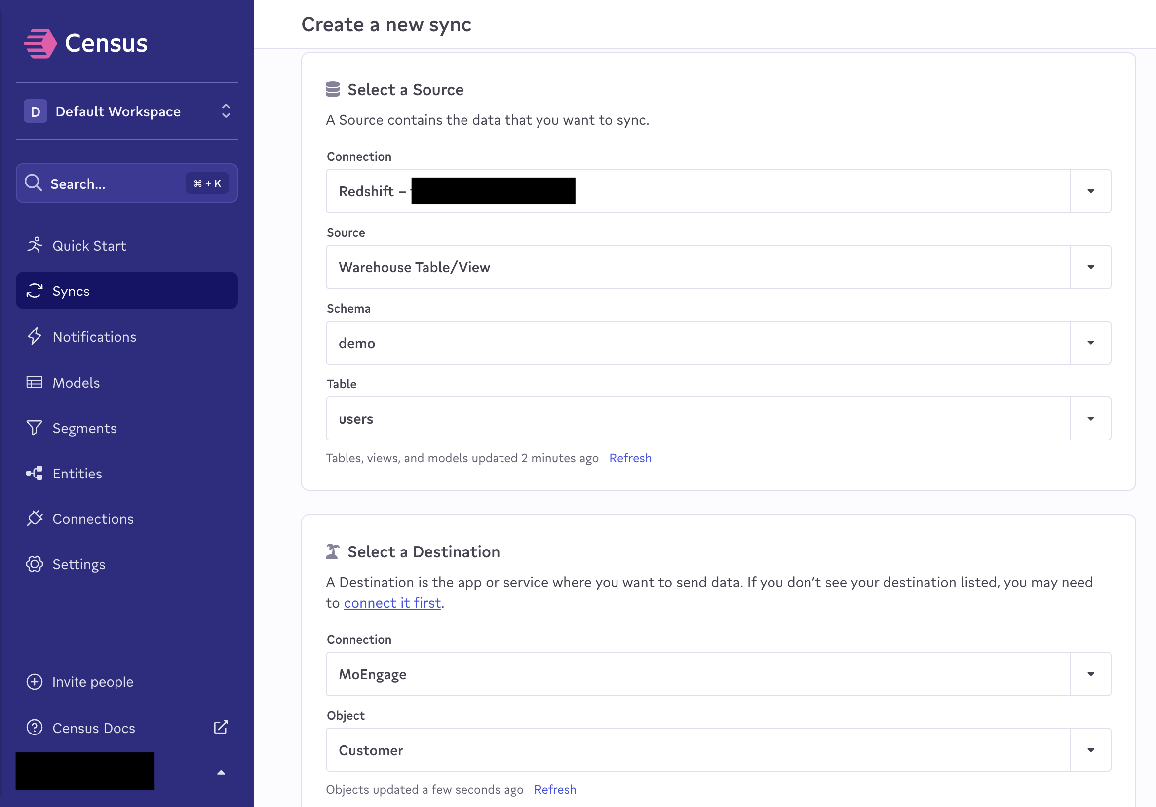 Configuring Customer object sync from Census to MoEngage