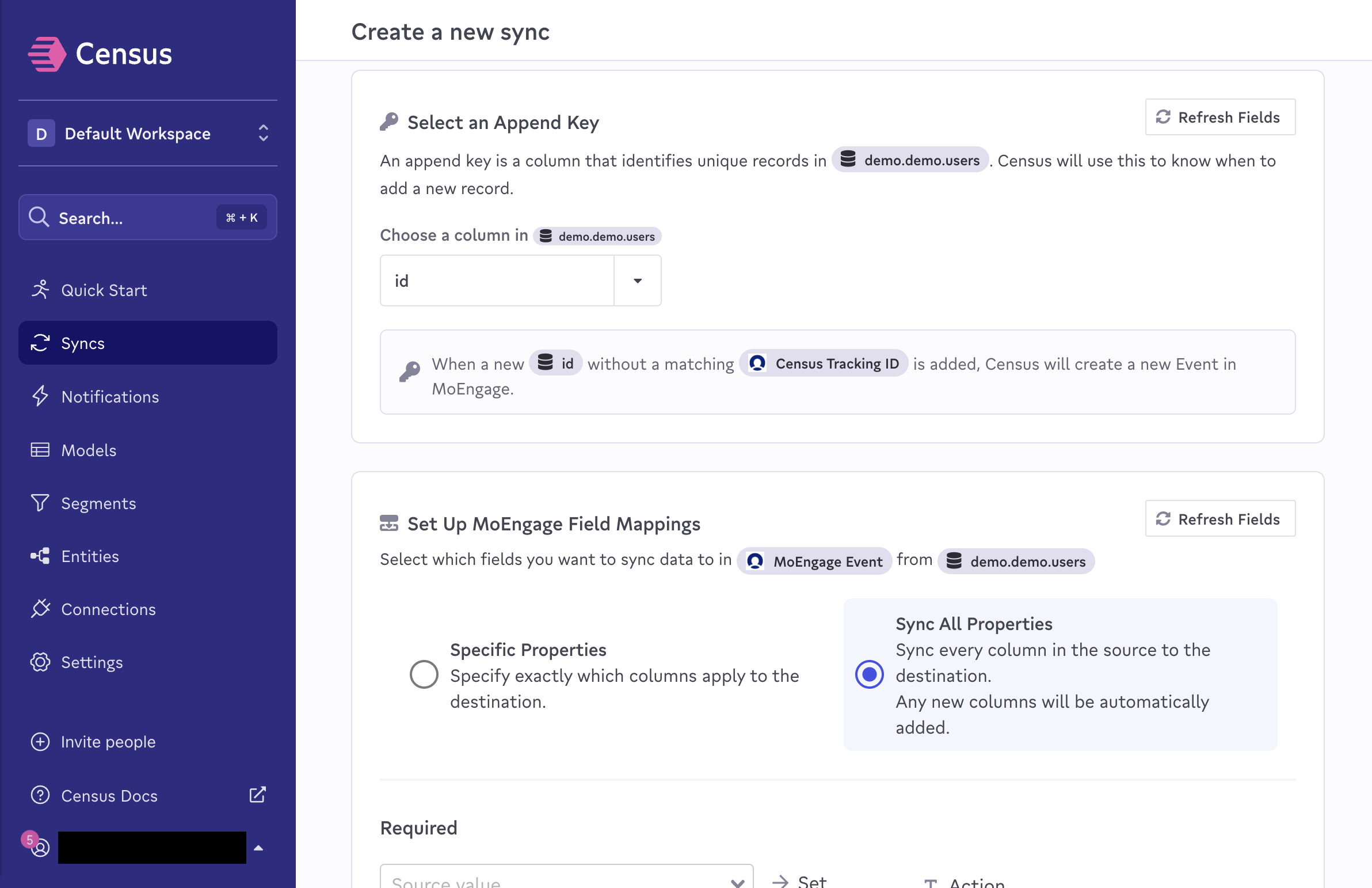 MoEngage field mappings for Event sync in Census