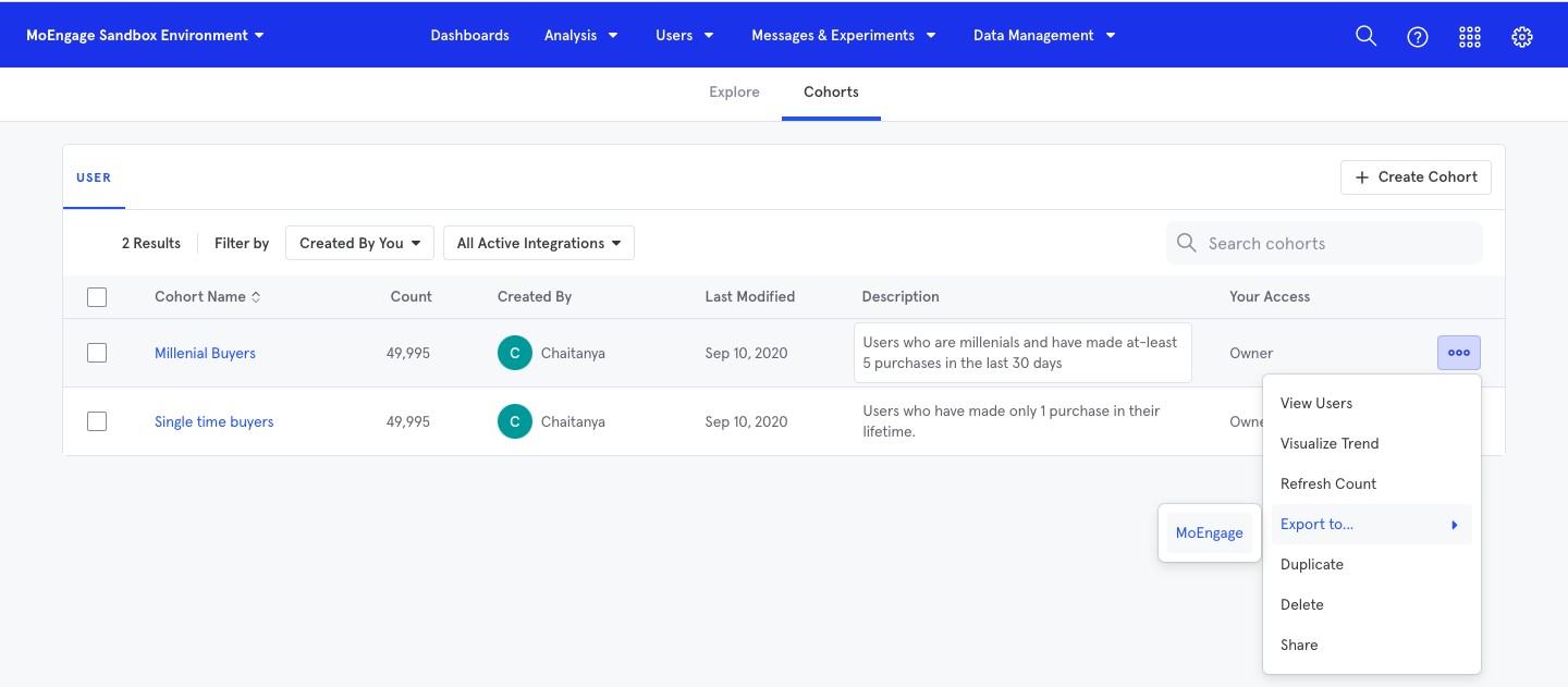 Mixpanel cohort Export to option