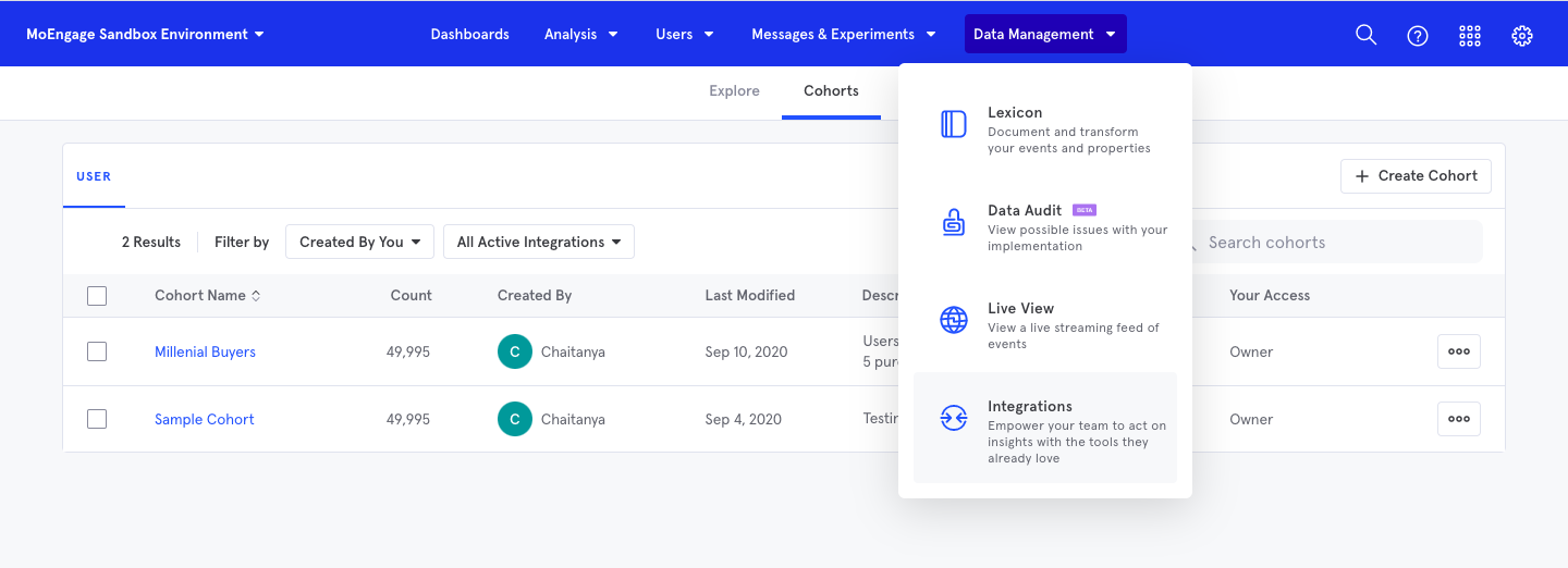 Mixpanel Data Management Integrations menu
