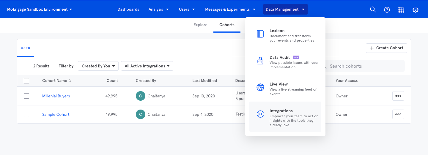 Mixpanel Data Management Integrations menu
