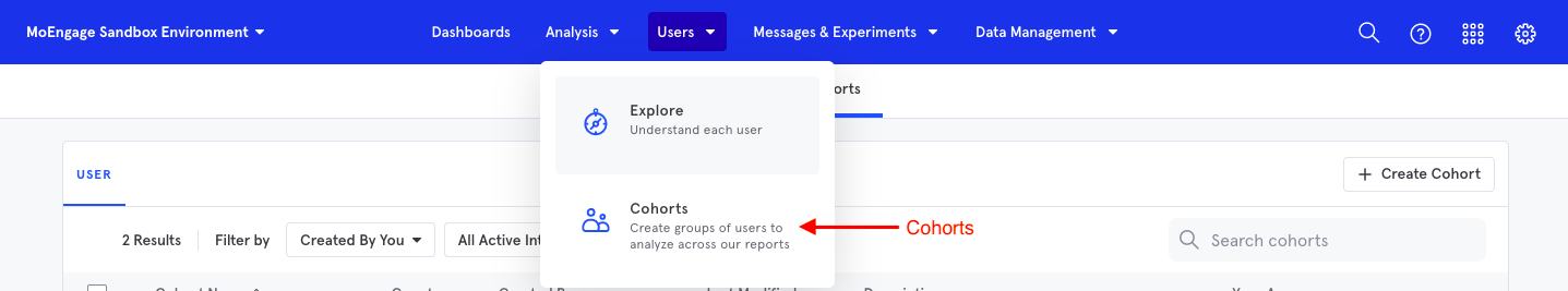 Mixpanel cohorts page showing the cohort list