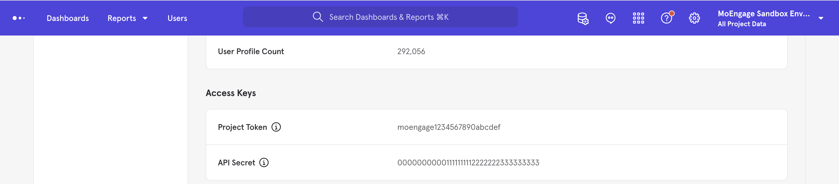 Mixpanel project settings showing Project Token