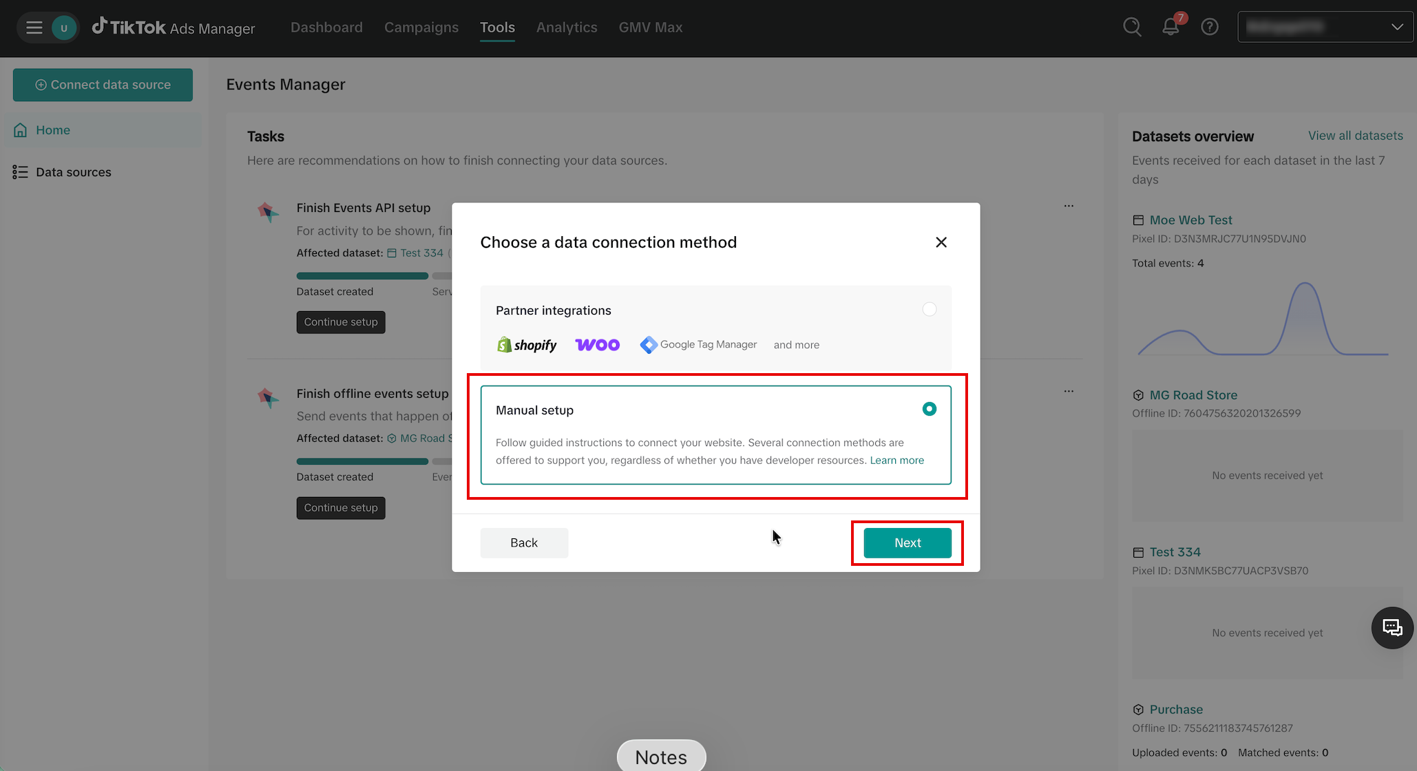 In the Choose a data connection method dialog box, select Manual setup and then click Next