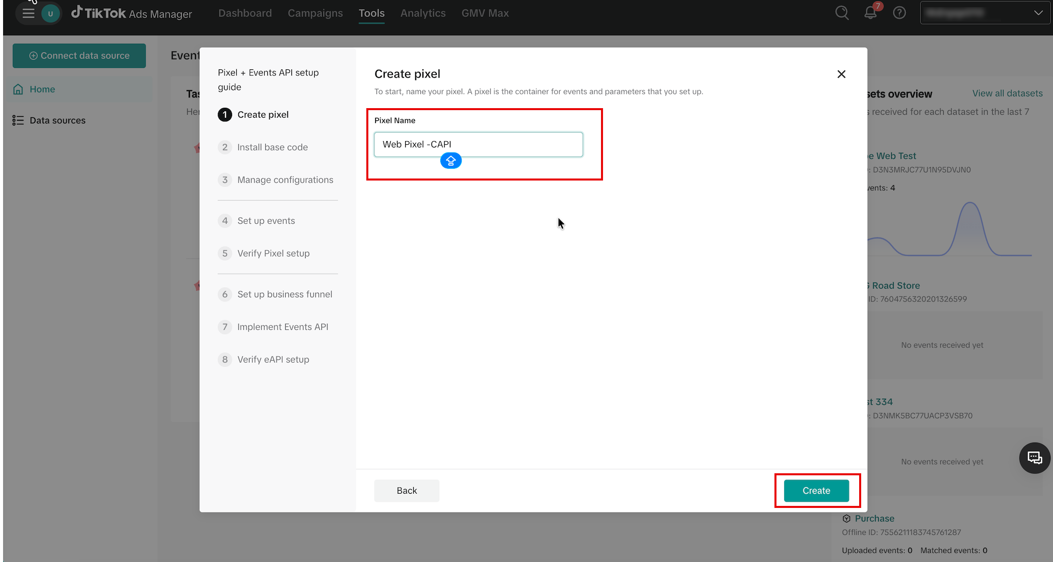 In the Pixel Name box, enter a name and then click Create