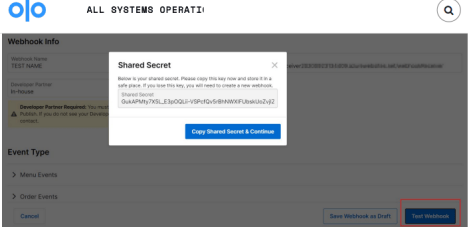 Olo Dashboard showing the Shared Secret field during webhook creation