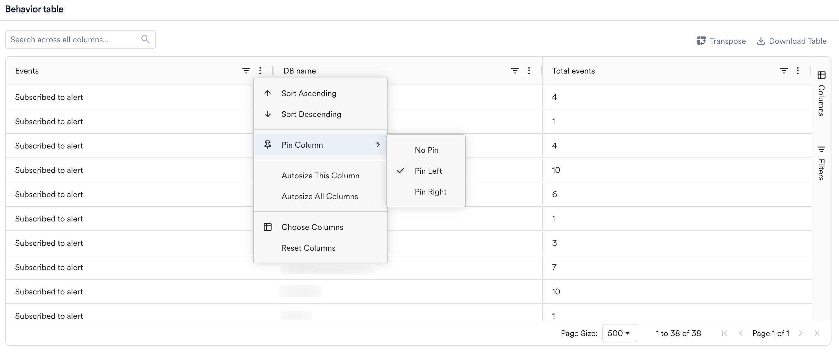 Column menu open on a table column, showing Sort Ascending, Sort Descending, Pin Column with Pin Left and Pin Right options, Autosize This Column, Autosize All Columns, Choose Columns, and Reset Columns.
