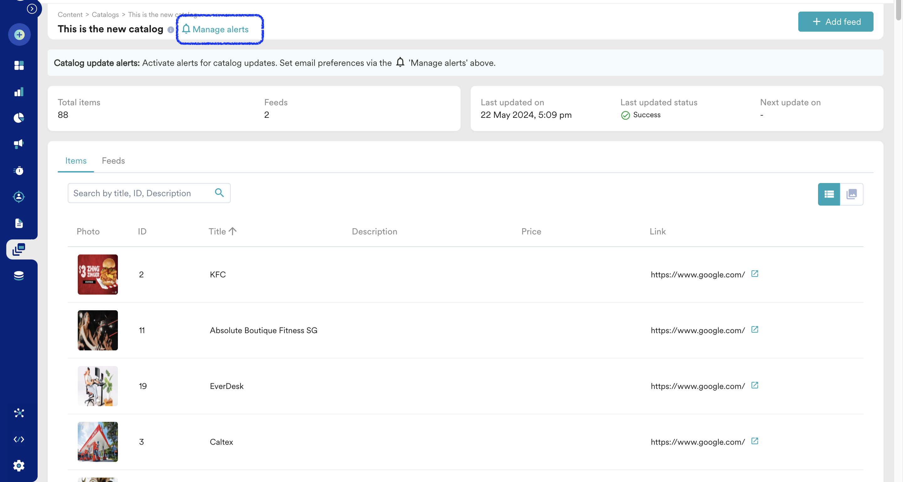 Manage Alerts option on the catalog page