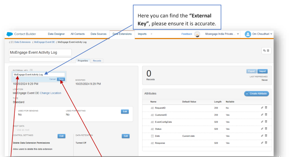MoEngage Event Activity Log External Key field