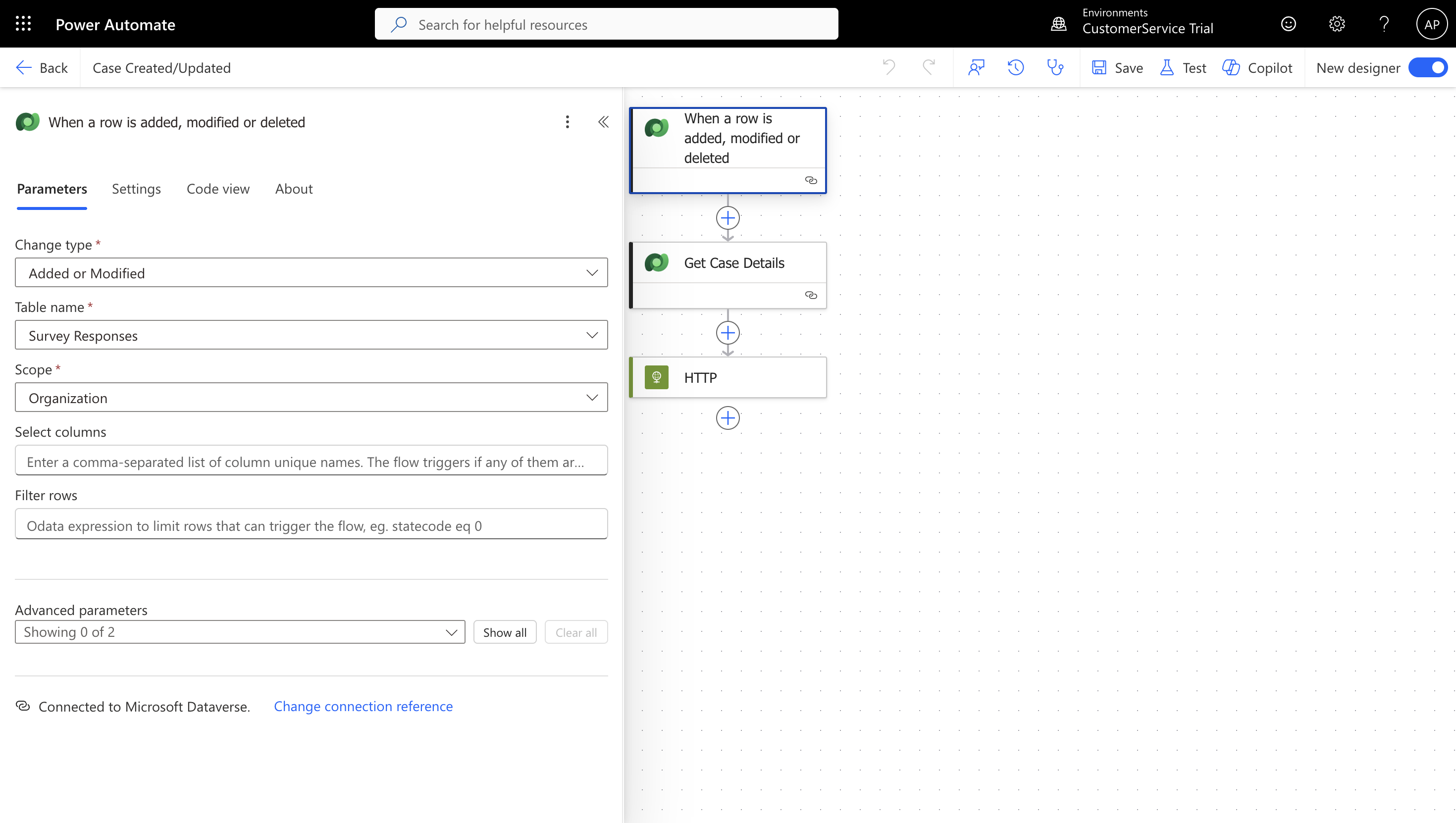 Power Automate flow creation showing the Dataverse trigger configuration