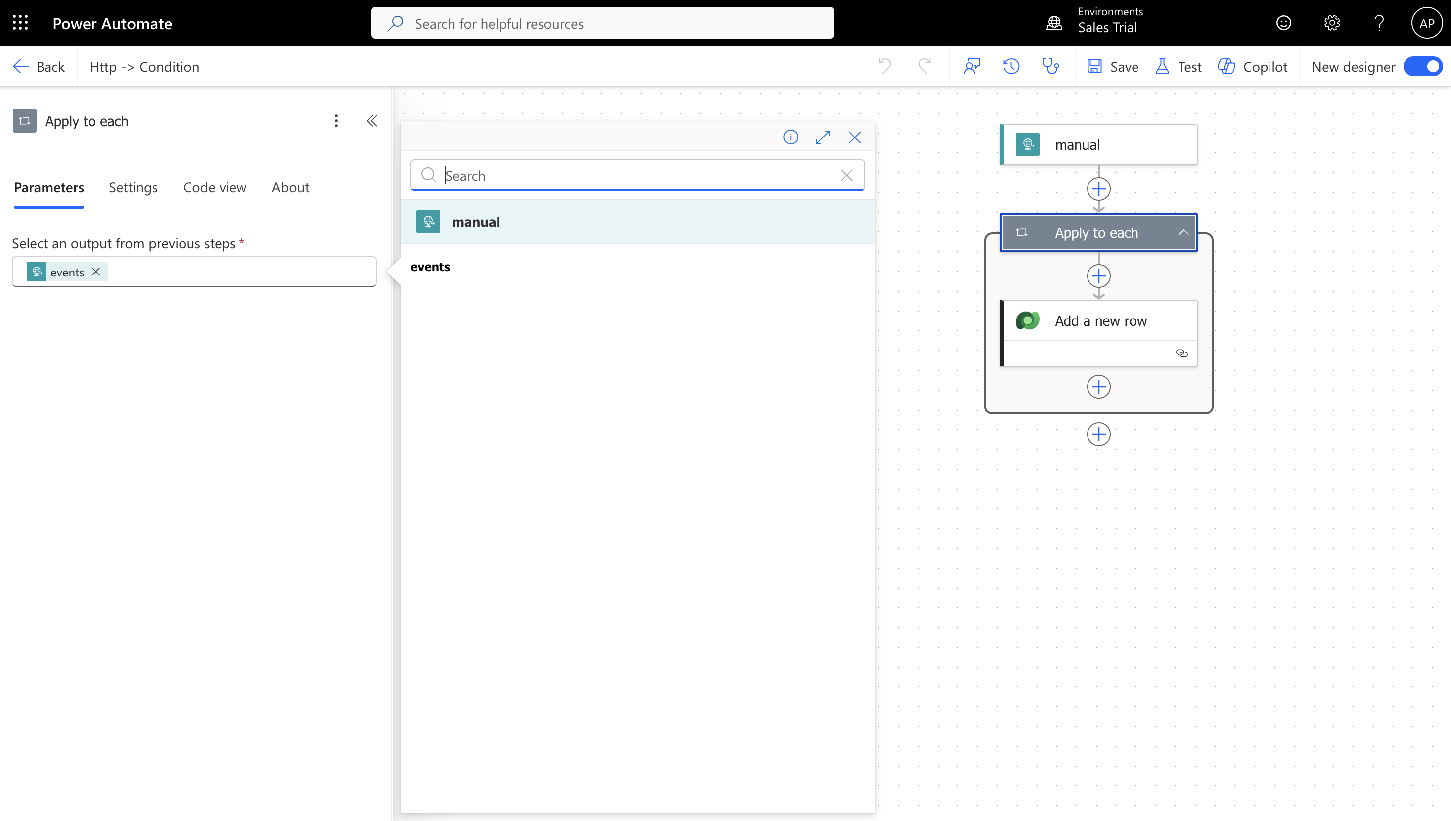 Power Automate Apply to each loop configured with the events array as input
