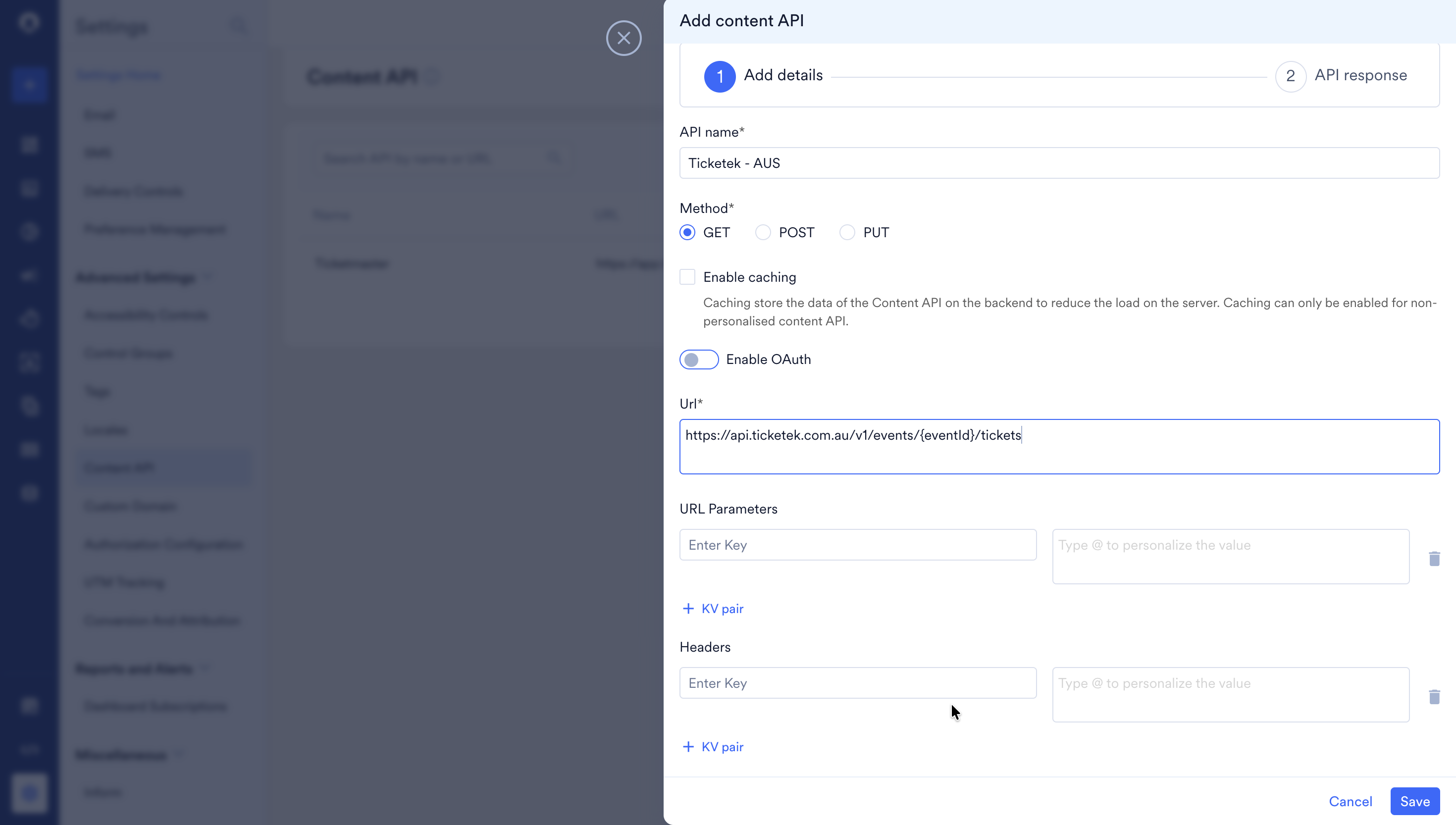 Ticketek Content API configuration in the MoEngage dashboard