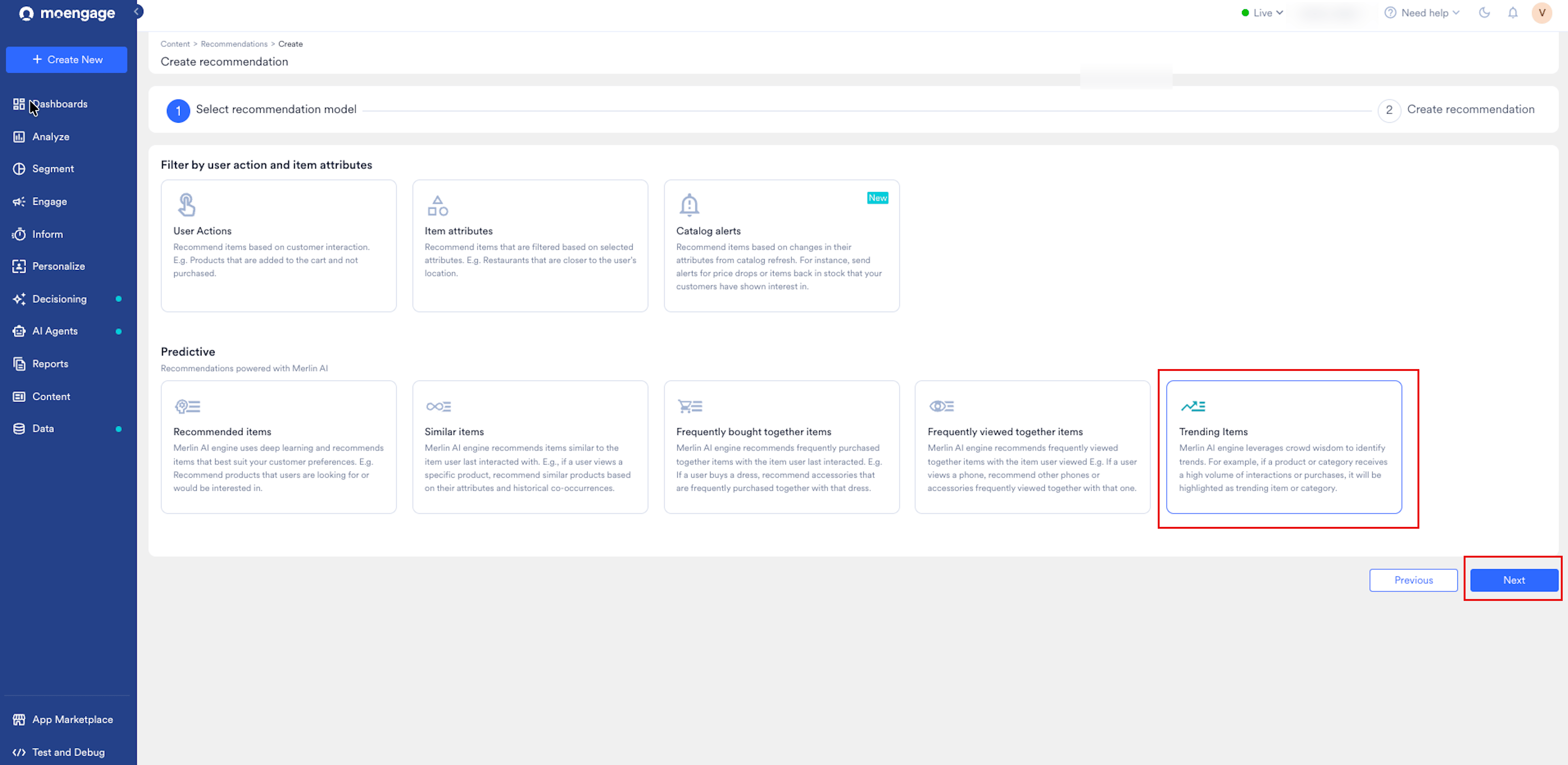 Select the Trending Items recommendation model