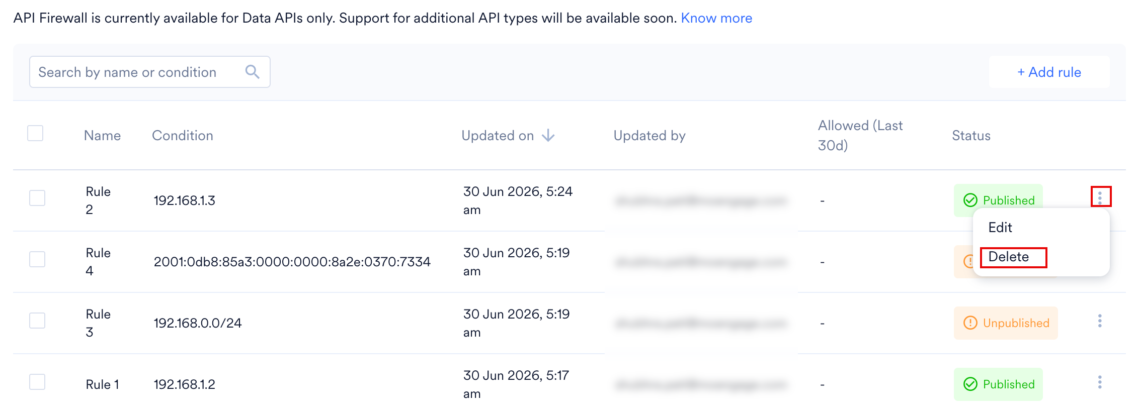 Delete API Firewall Rule