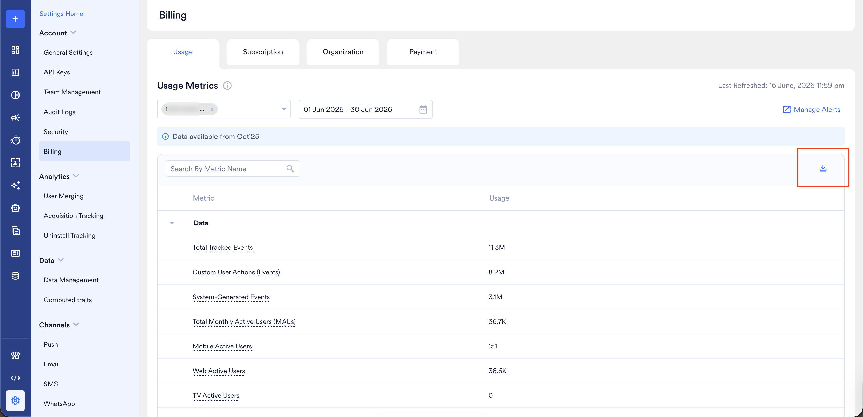 The Download button on the usage metrics list