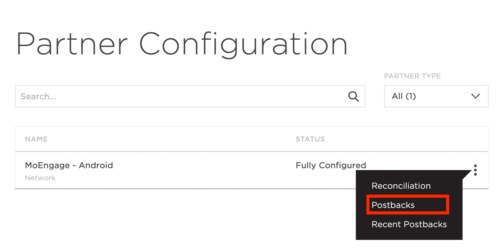 Selecting Postbacks from the action menu of the MoEngage configuration