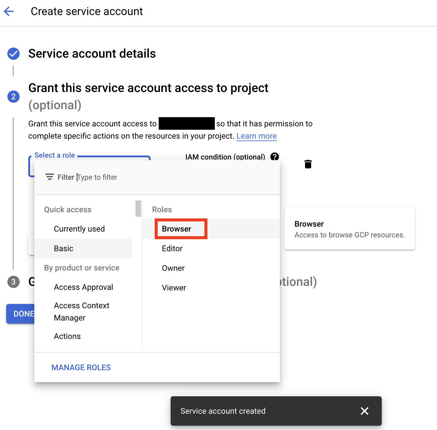 Assigning the Basic > Browser role to the service account