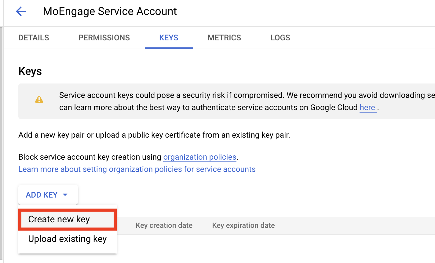 Add Key option on the service account Keys tab