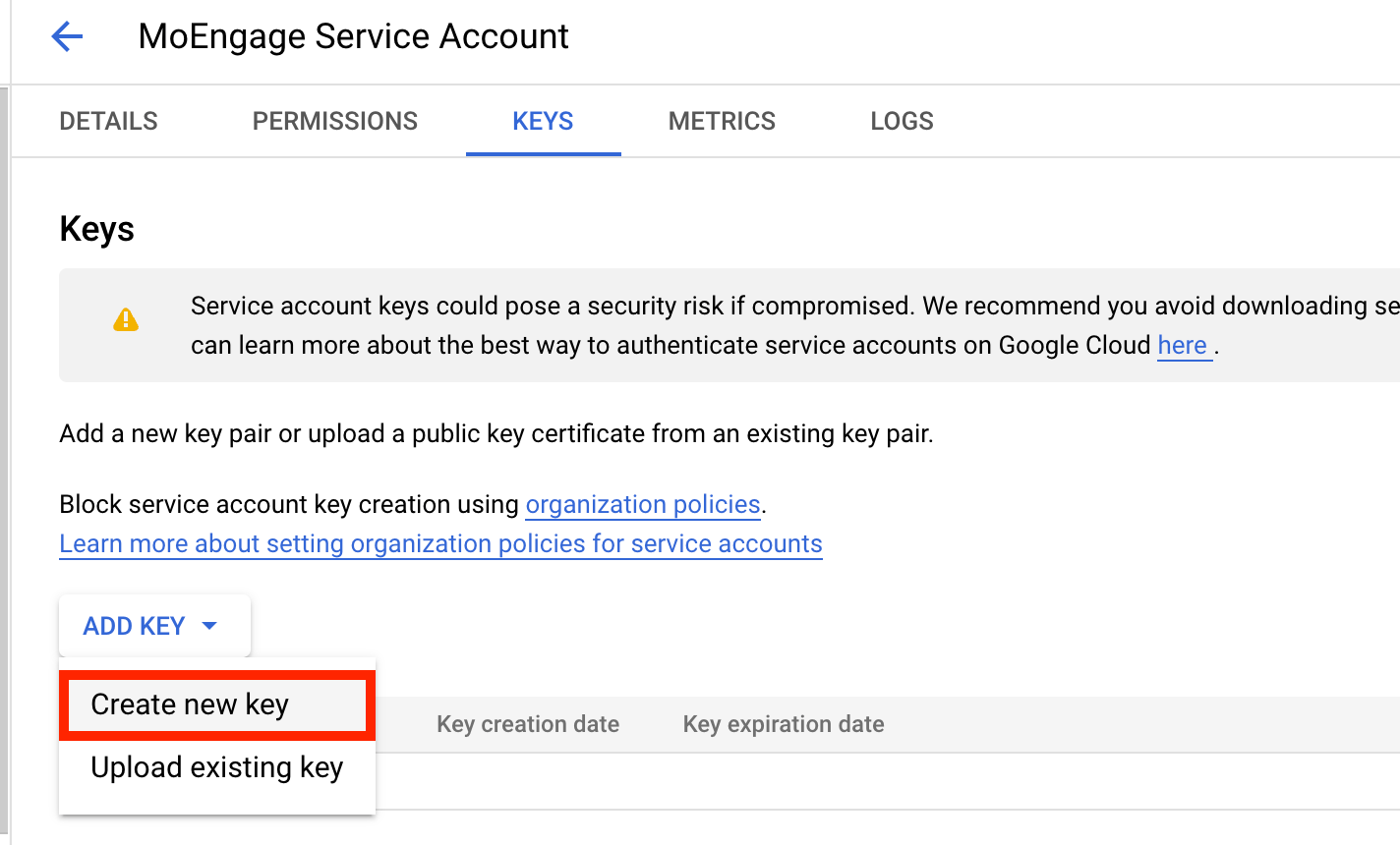 Add Key option on the service account Keys tab