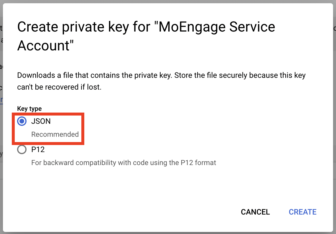 Selecting JSON as the key type when creating a service account key