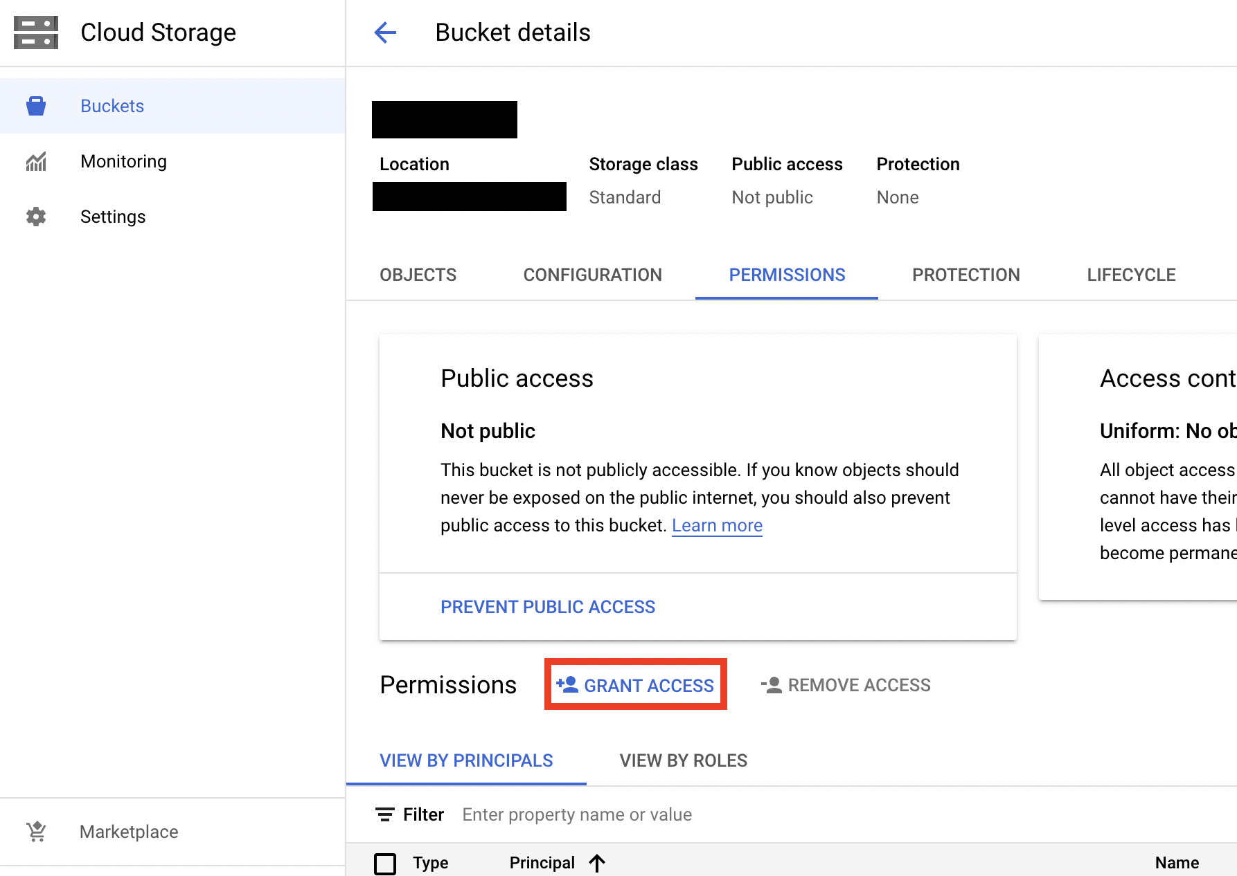Grant Access option on the bucket Permissions tab