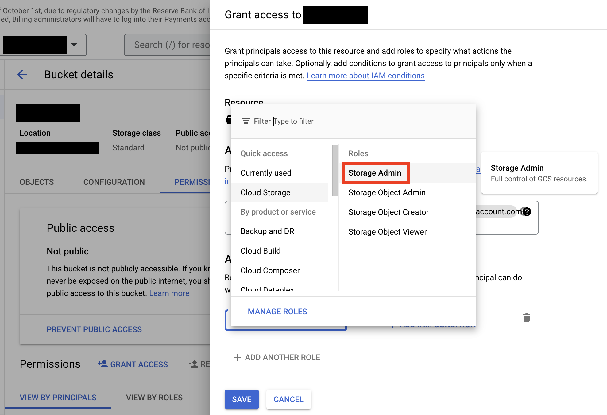 Assigning the Storage Admin role to the service account