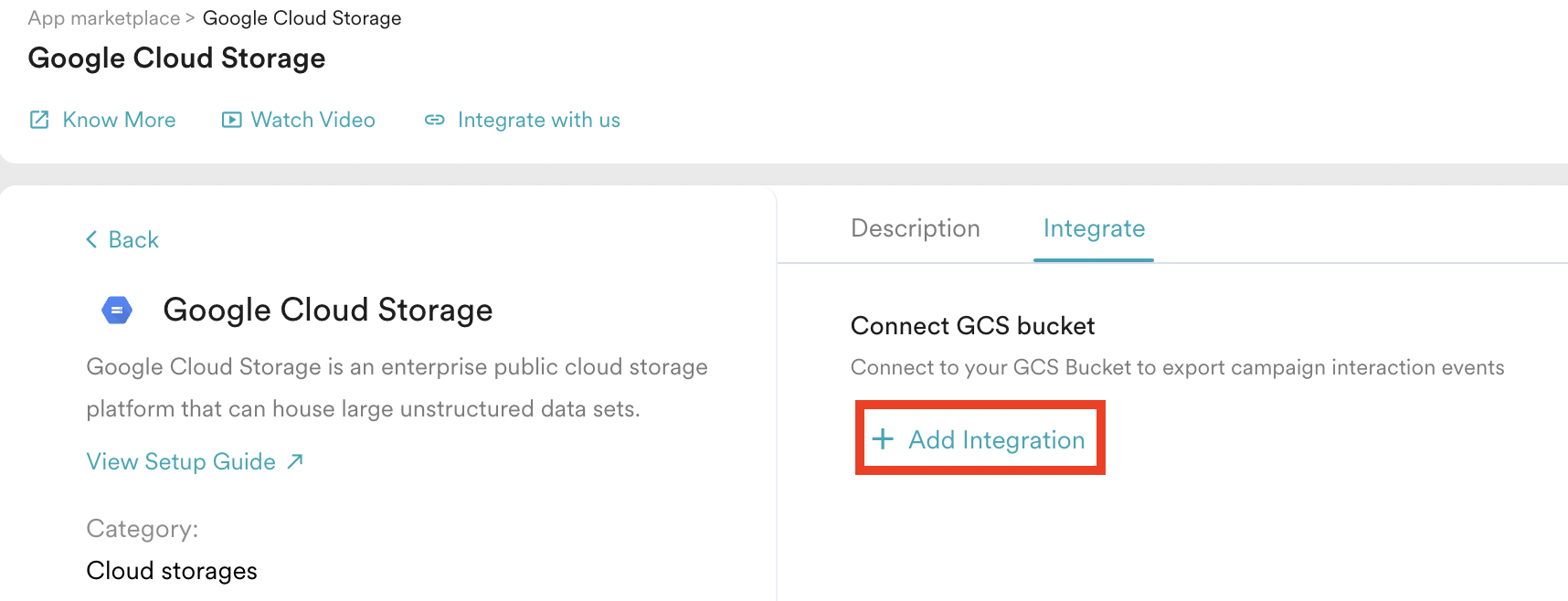 Add Integration option on the Google Cloud Storage Integrate tab