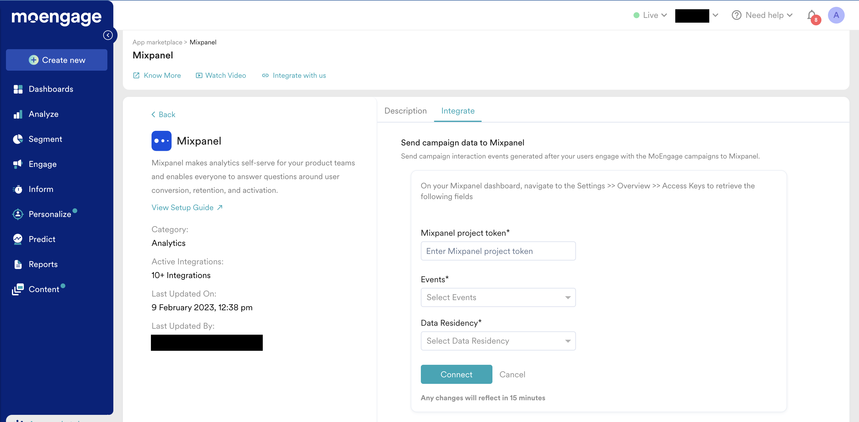 Mixpanel integration in the MoEngage App Marketplace